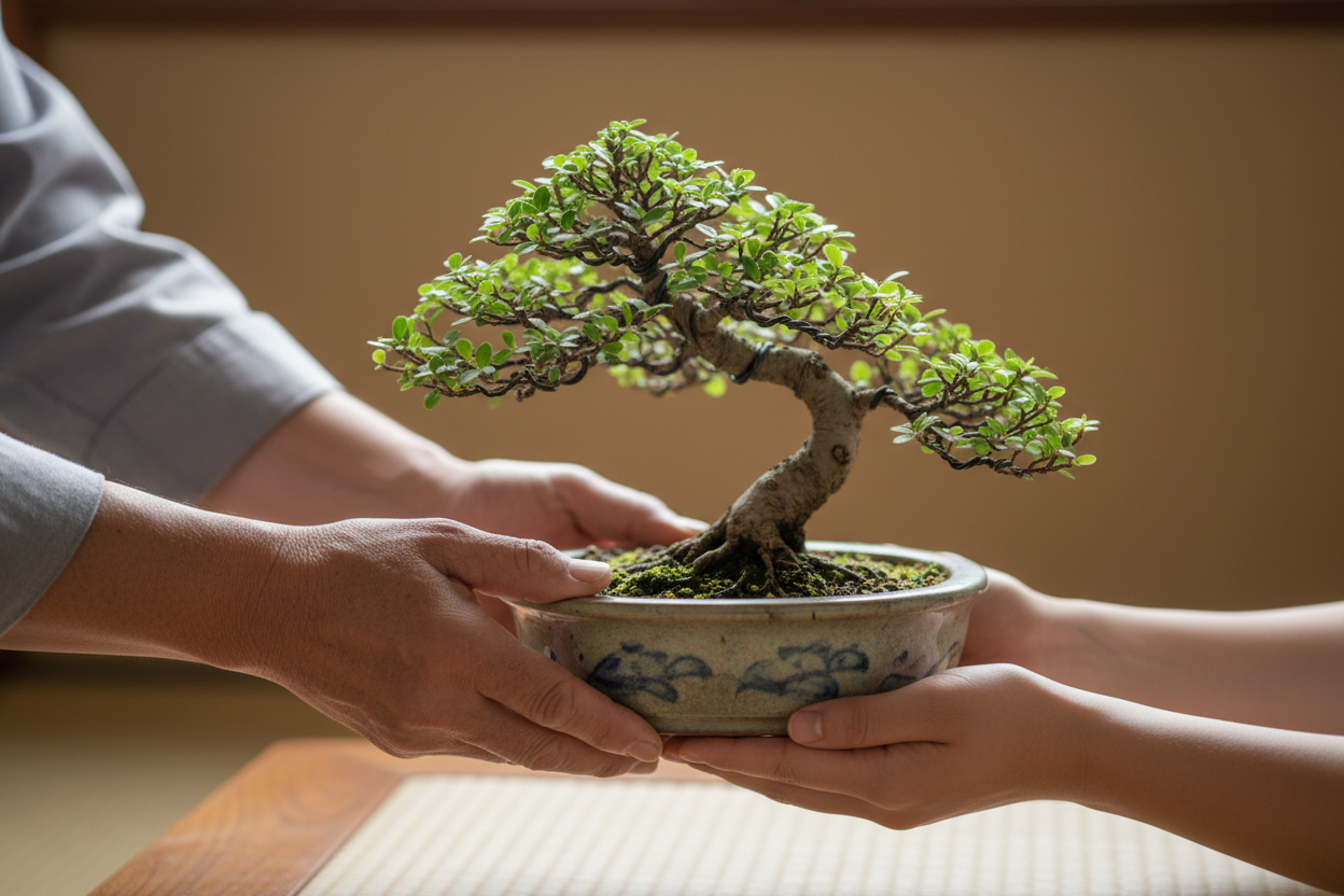 generate an image of a bonsai being handed down to a younger person.  do not include faces